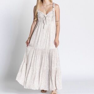 Endless Blu. Boho whimsy cottagecore smocked back. Brown and cream maxi dress.